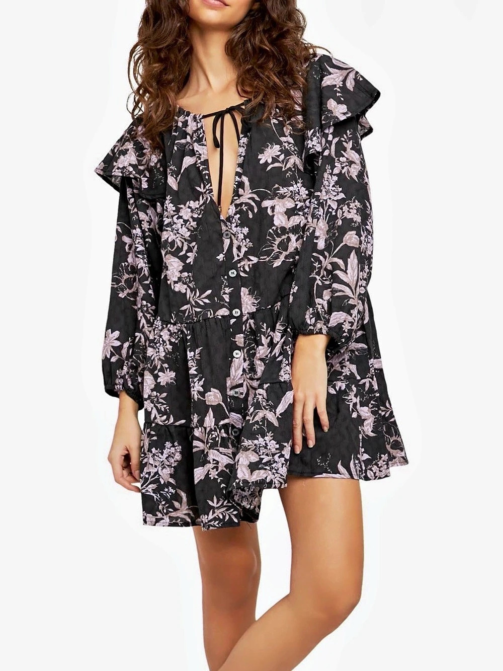 Free People Darcy Mini Dress Floral Black & Pink XS